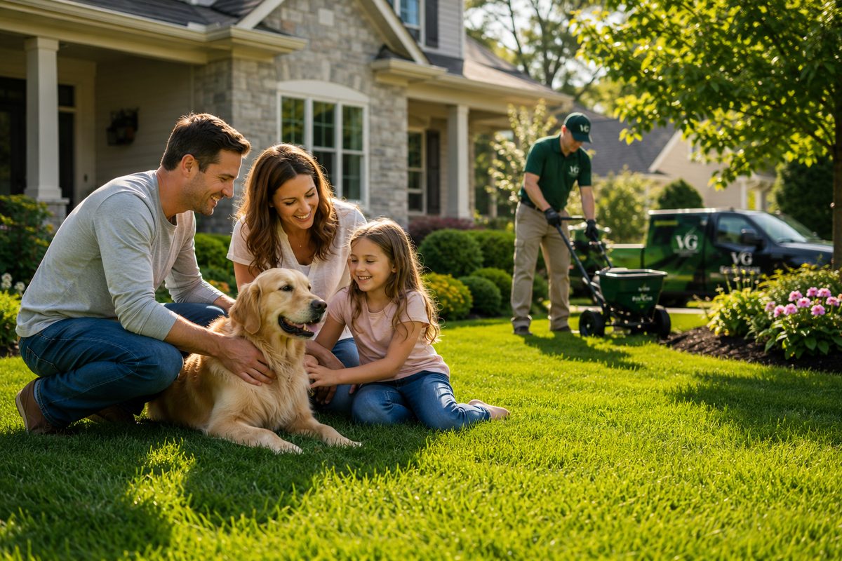 A family relaxing with their dog on a healthy green lawn while a Village Green technician treats the garden behind them.