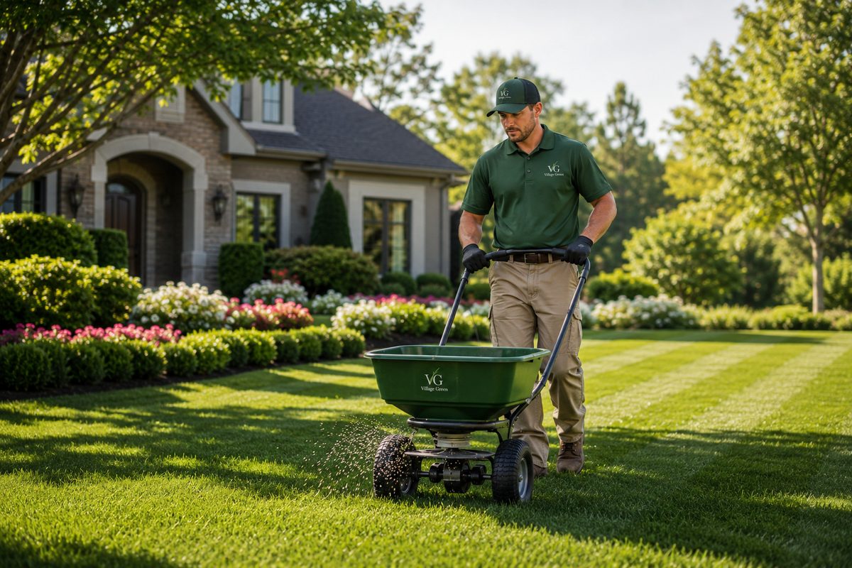 A Village Green technician applying lawn feed with a branded spreader across a healthy striped lawn.