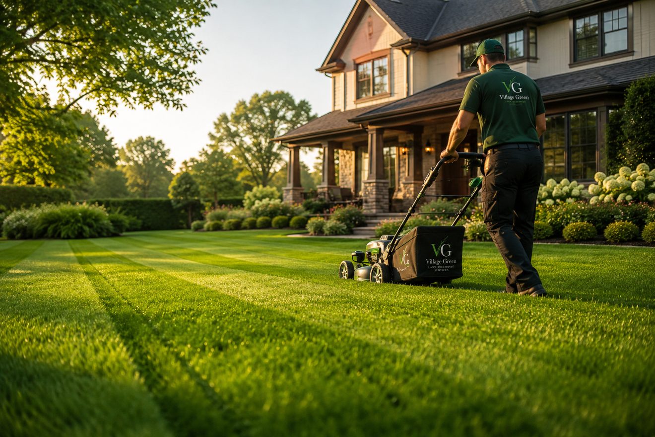 A Village Green lawn specialist mowing crisp stripes into a healthy green lawn outside a smart family home at golden hour.