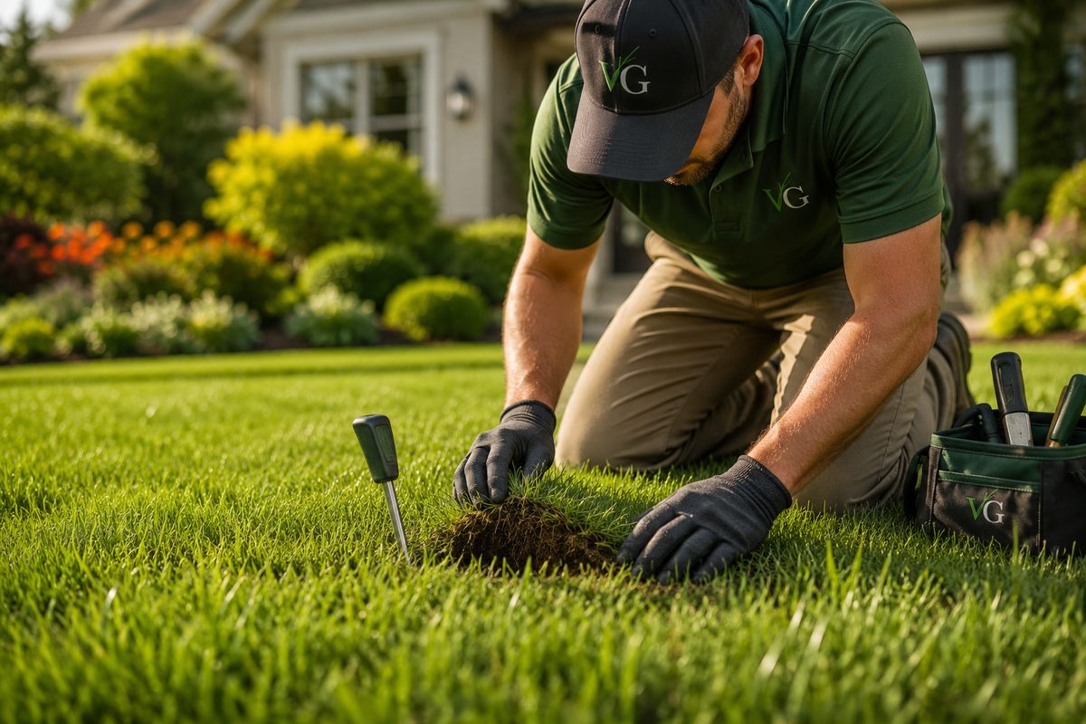 A Village Green technician kneeling on a lawn, checking the turf and soil during a free lawn assessment.