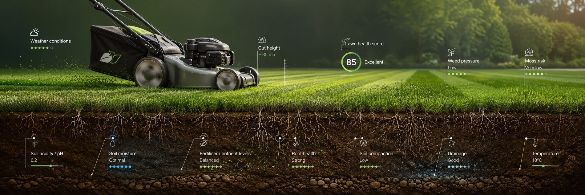 A healthy striped lawn being mown, shown above and below ground with roots in the soil, annotated with the factors Village Green assesses: lawn health score, cut height, weed pressure, moss risk, soil pH, moisture, nutrient levels, root health, soil compaction, drainage and temperature.
